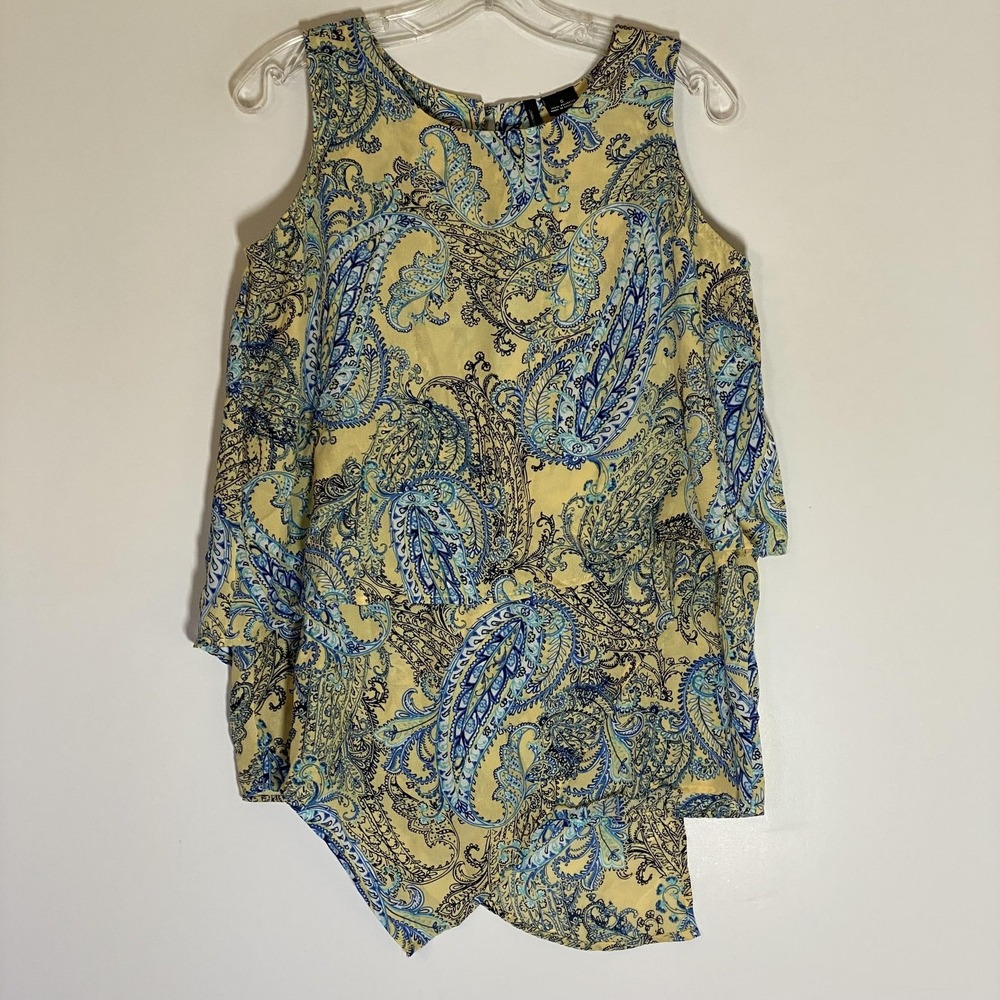 New Directions Top Womens Small Yellow Blue Paisley Sleeveless Tunic Blouse